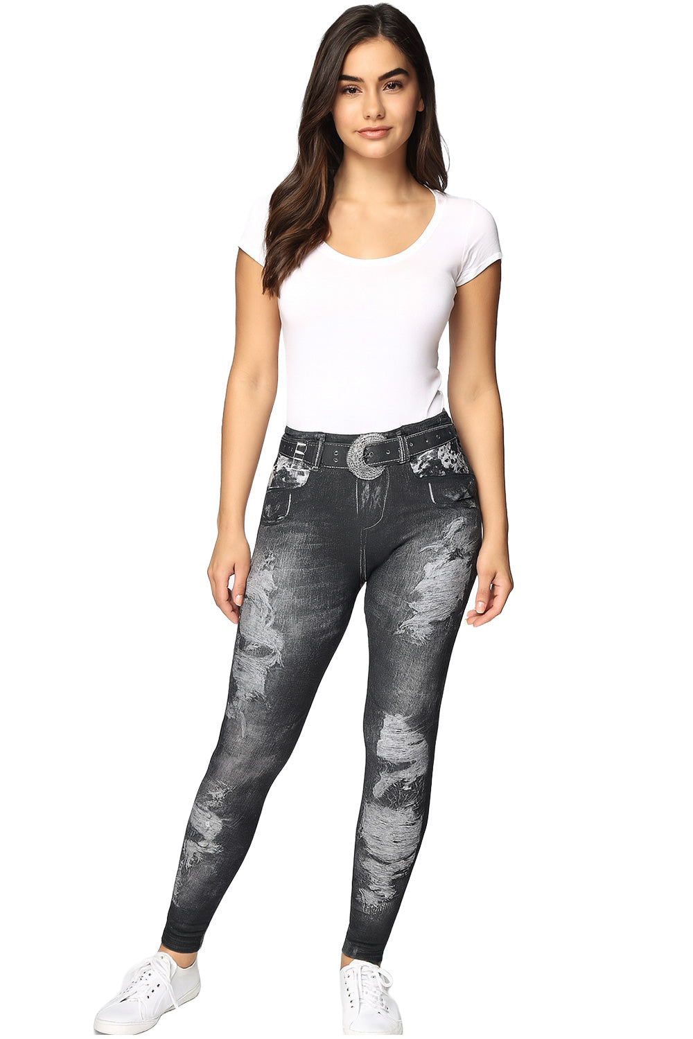 Ripped Denim Print Jeggings – High Waist Stretch Skinny Jeans Faux Belt Design