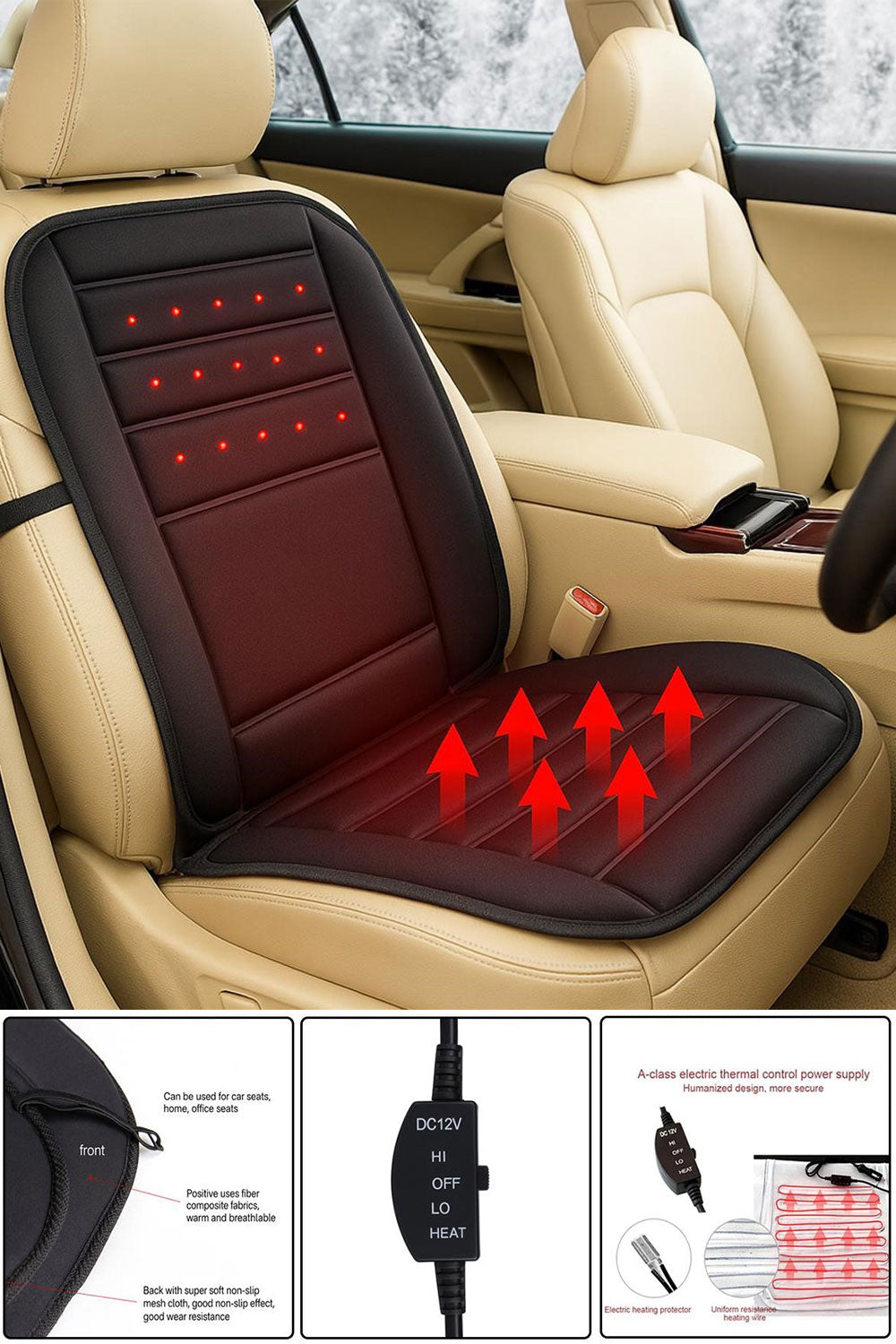 12V Heated Car Seat Cushion Cover Electric Heating Pad with