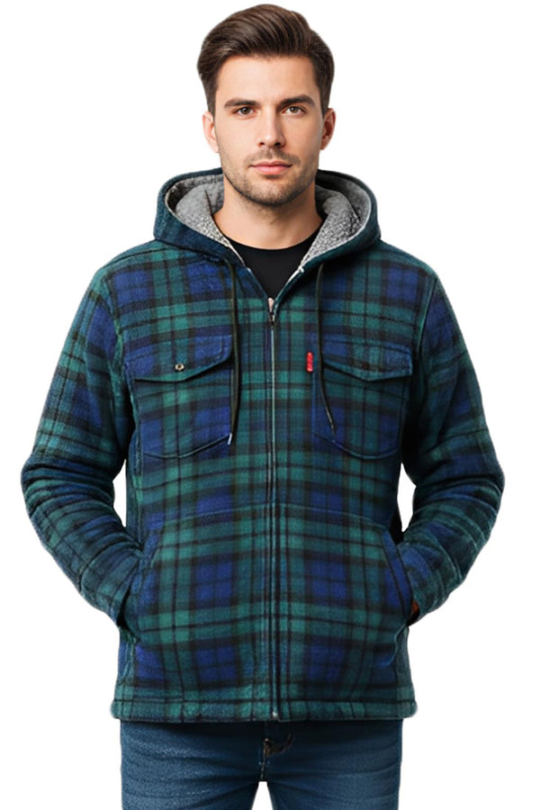 Men’s Sherpa Lined Plaid Hoodie | Zip-Up Winter Jacket