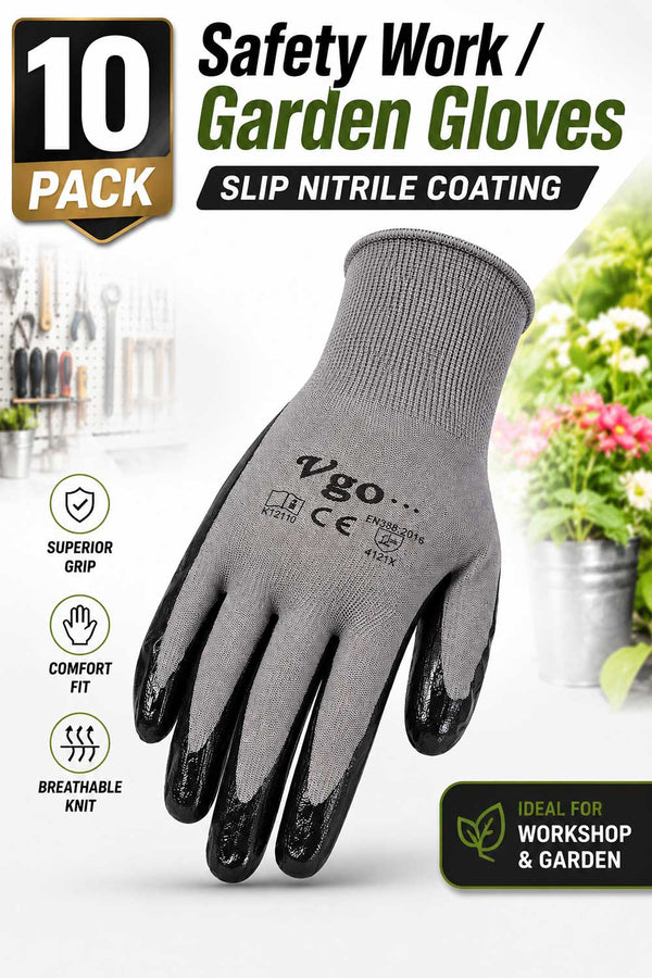 10 Pack Nitrile Coated Work & Garden Gloves - XL