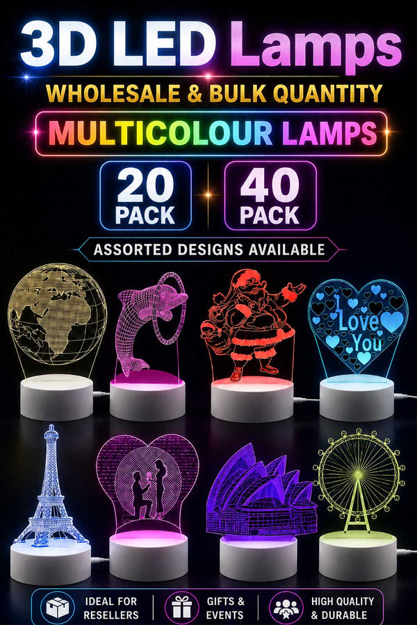 Wholesale 3D LED Lamps – 20 Pack or 40 Pack Assorted Acrylic Night Lights - From £2.24 Per Unit