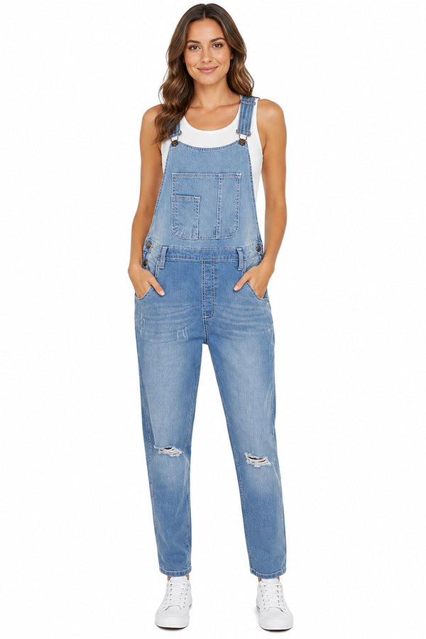 Women’s Light Blue Distressed Denim Dungarees