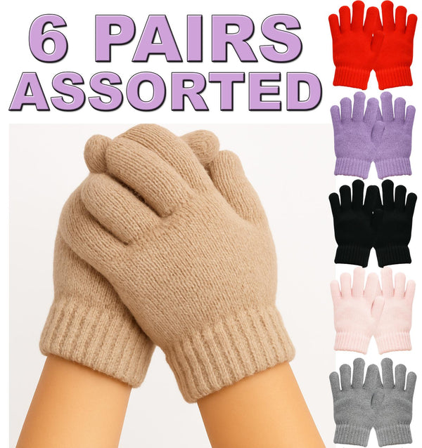 6 Pairs Kids Winter Gloves – Assorted Colours, Warm Knit Stretch Gloves