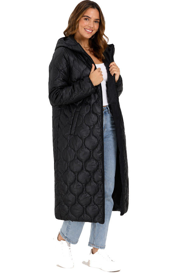 Women’s Long Black Quilted Hooded Jacket