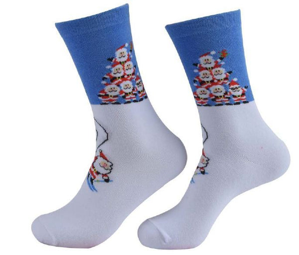 Men’s Christmas Socks – Funny Santa Claus Print – Festive Blue & White Crew Socks