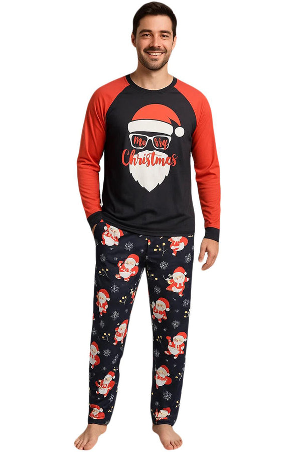 Men's Red and Black Printed Christmas Santa Pajamas Sleepwear Set