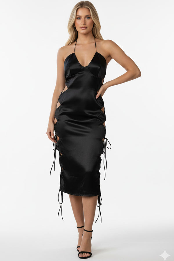 Women's Black Satin Lace-Up Side Bodycon Midi Dress
