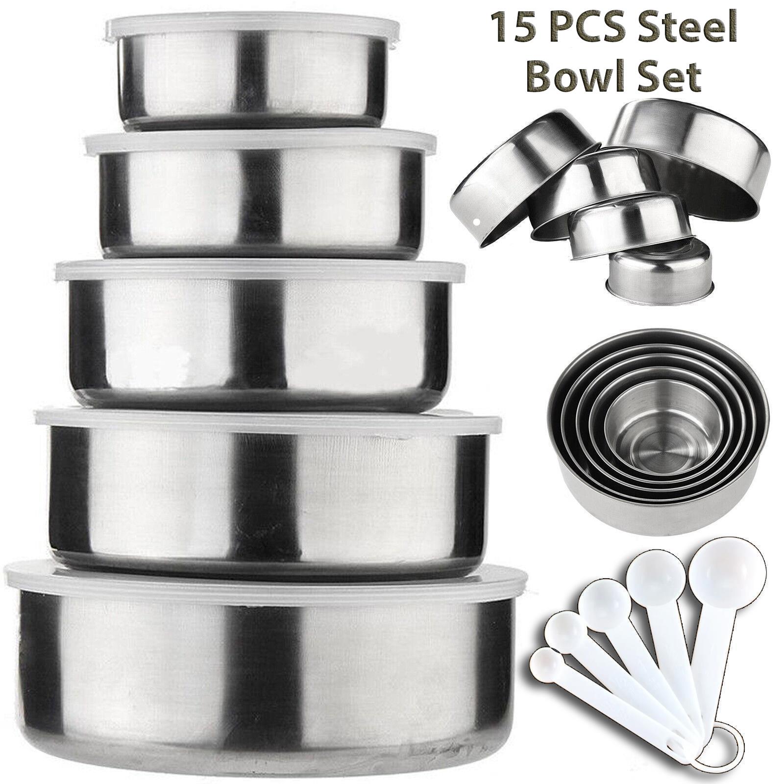 15 Piece Stainless Steel Bowl Set Lids & Measuring Spoons