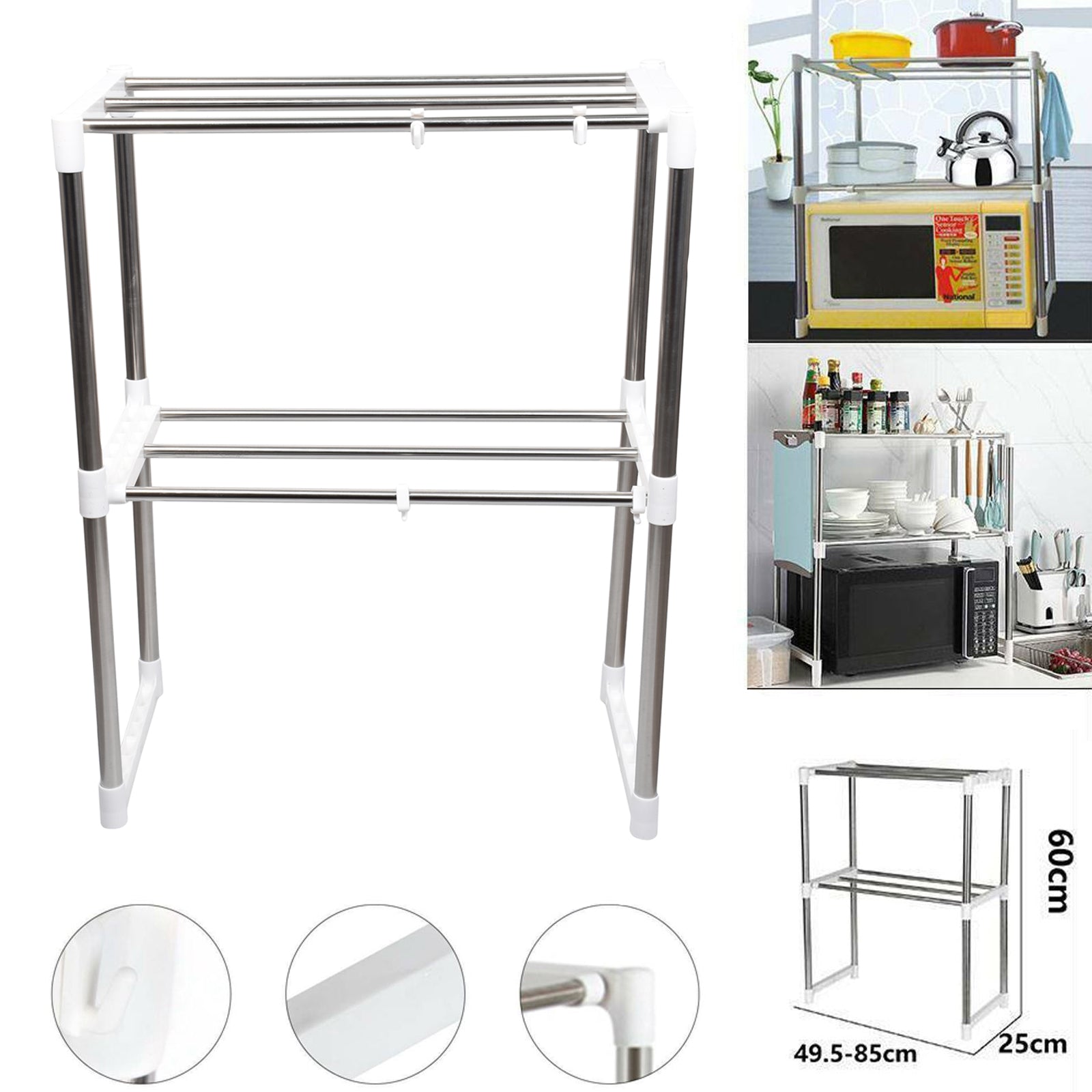 Adjustable 2 Tier Microwave Rack Stainless Steel Kitchen Organiser